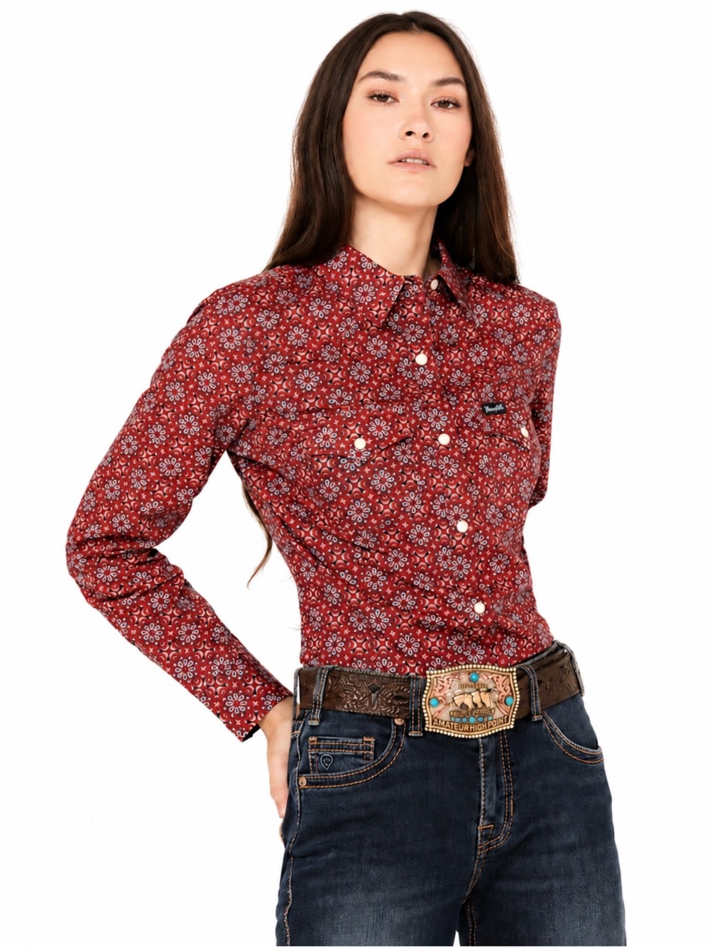 Wrangler Retro True Red Geometric Floral Pearl Snap Western Shirt - Size L